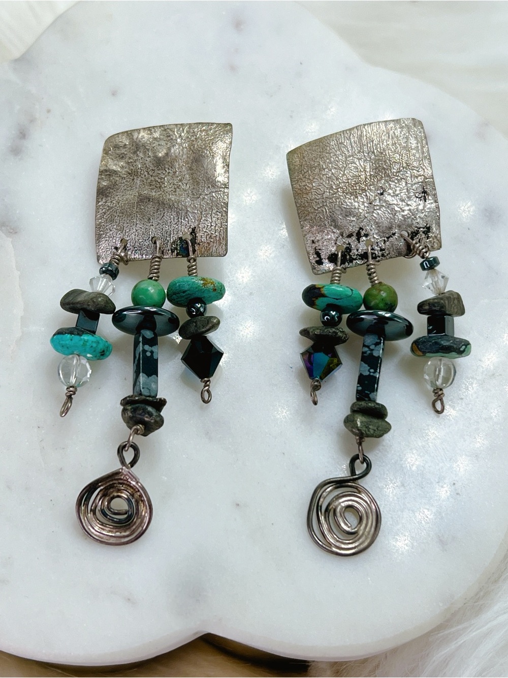 Navajo Turquoise hematite Mixed-Stone Dangle Earrings Artisan swirl silver drop